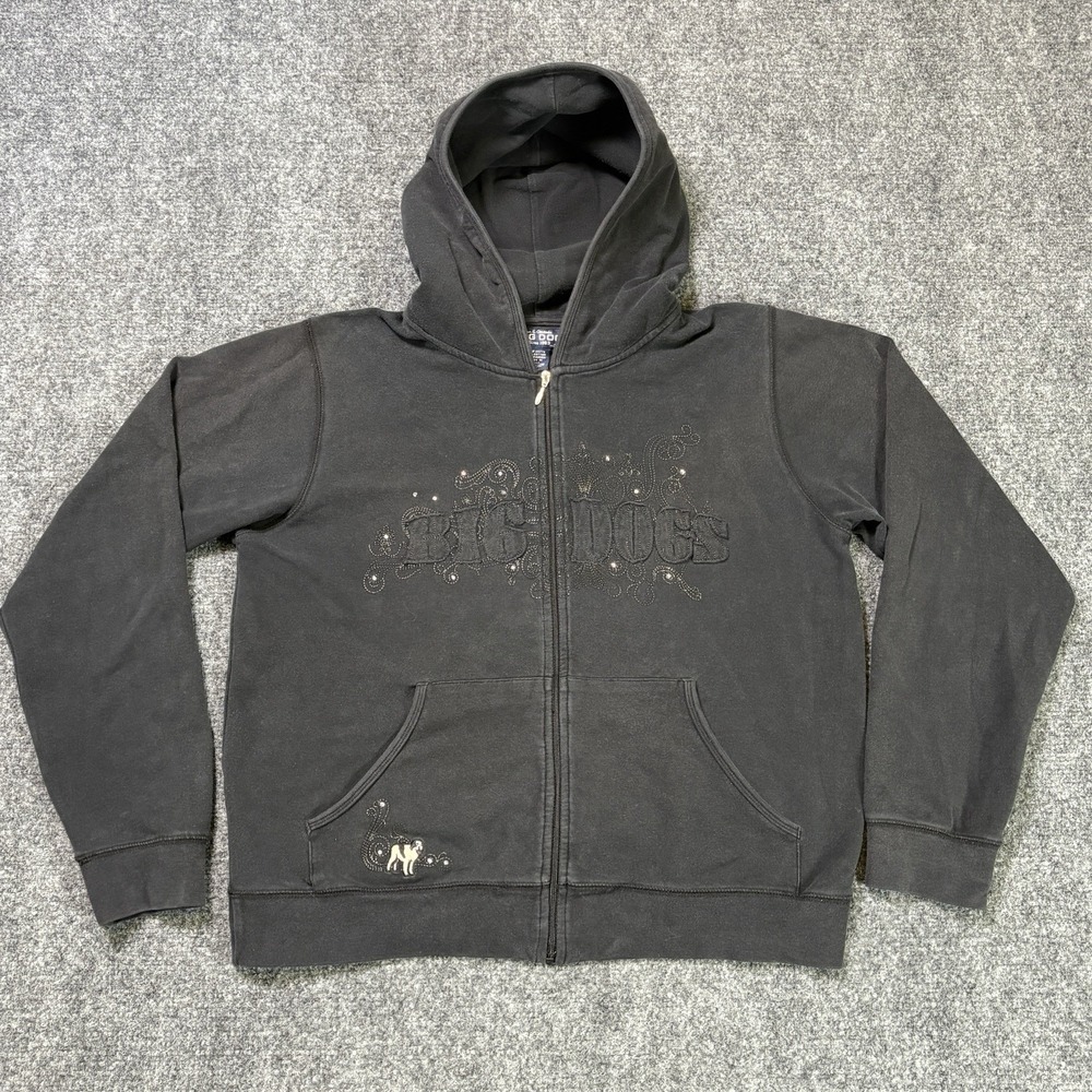 Vintage Y2K Big Dogs Hoodie Womens Medium Black Full Zip Embroidered Bedazzled